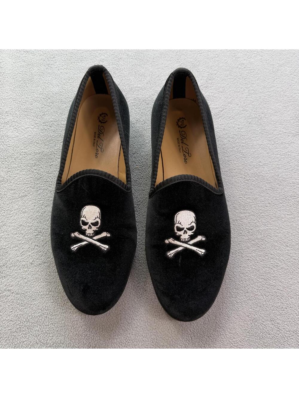 Del Toro Black Velvet Skull Embroidered Smoking Slippers Loafers Men 8 Italy